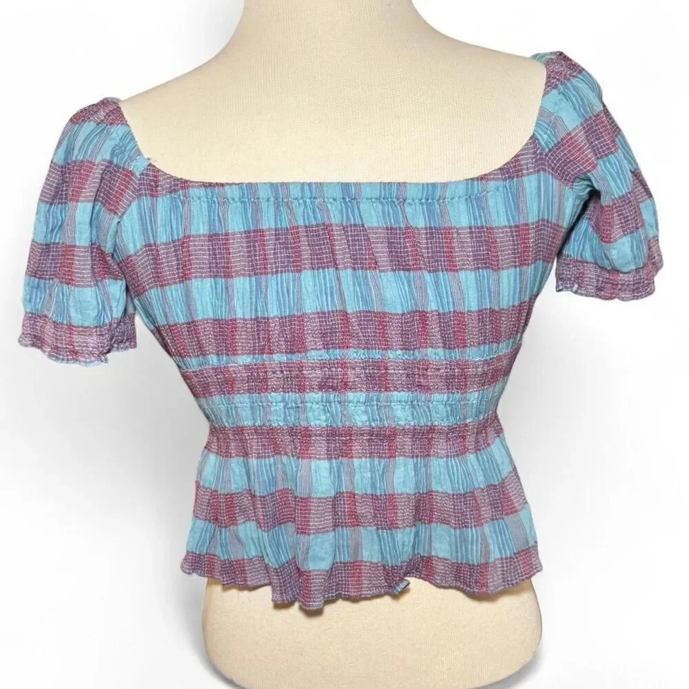 Free People smocked off shoulder plaid peplum peasant top with tie front Sz XS